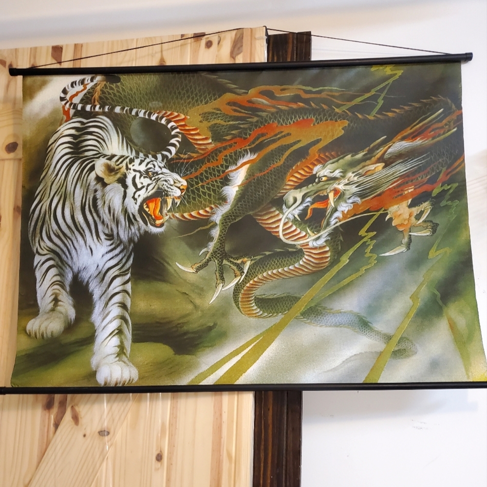 Large White Tiger & Green Dragon Wall Scroll Tapestry